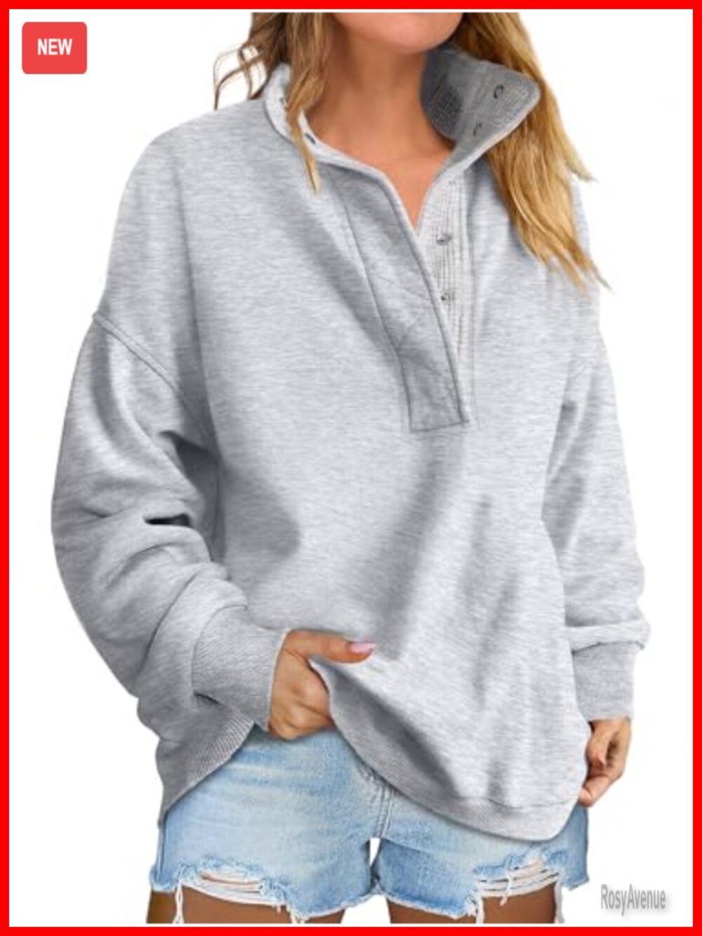 Oversized Mock Neck Henley Sweatshirt Drop Shoulder Pullover